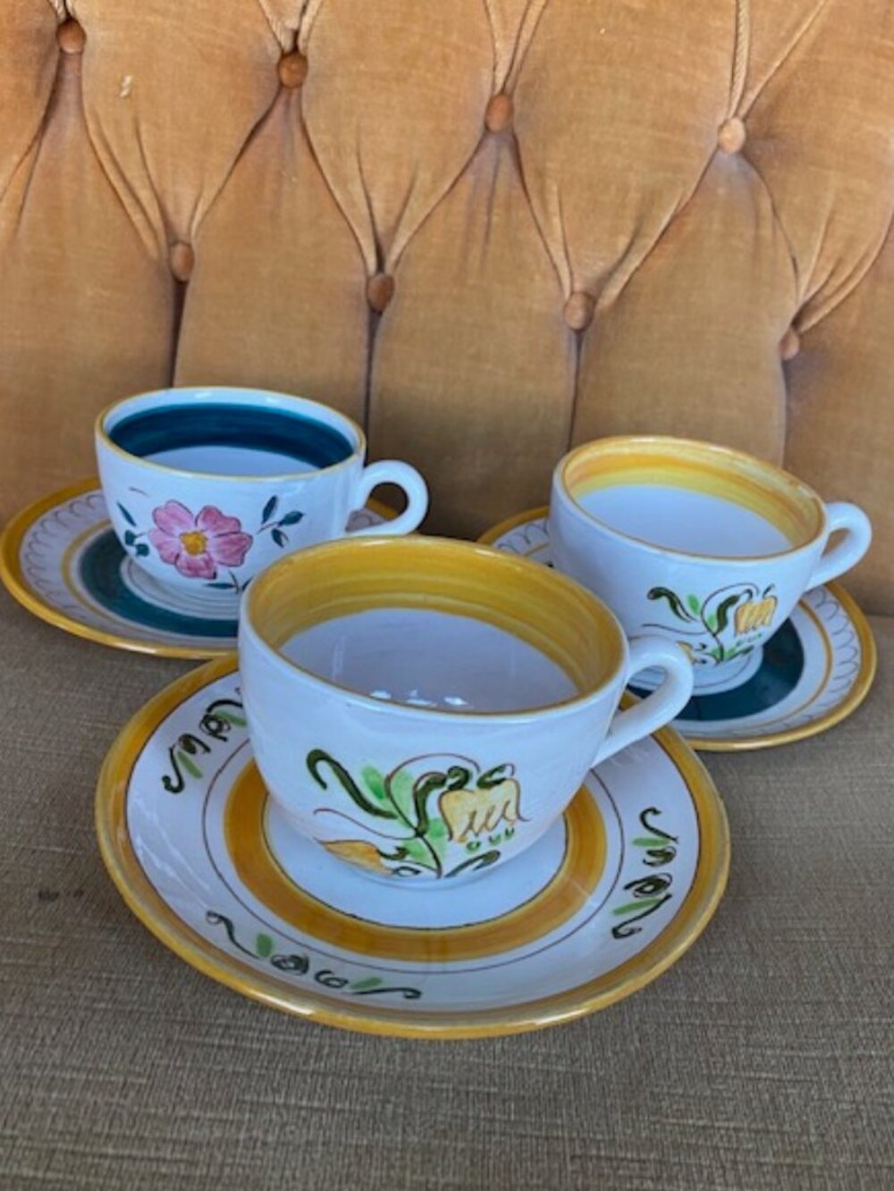 Stangl 3/cups, 3/saucers, Yellow tulip -2 & garden flower - 1 - Earthenware VTG